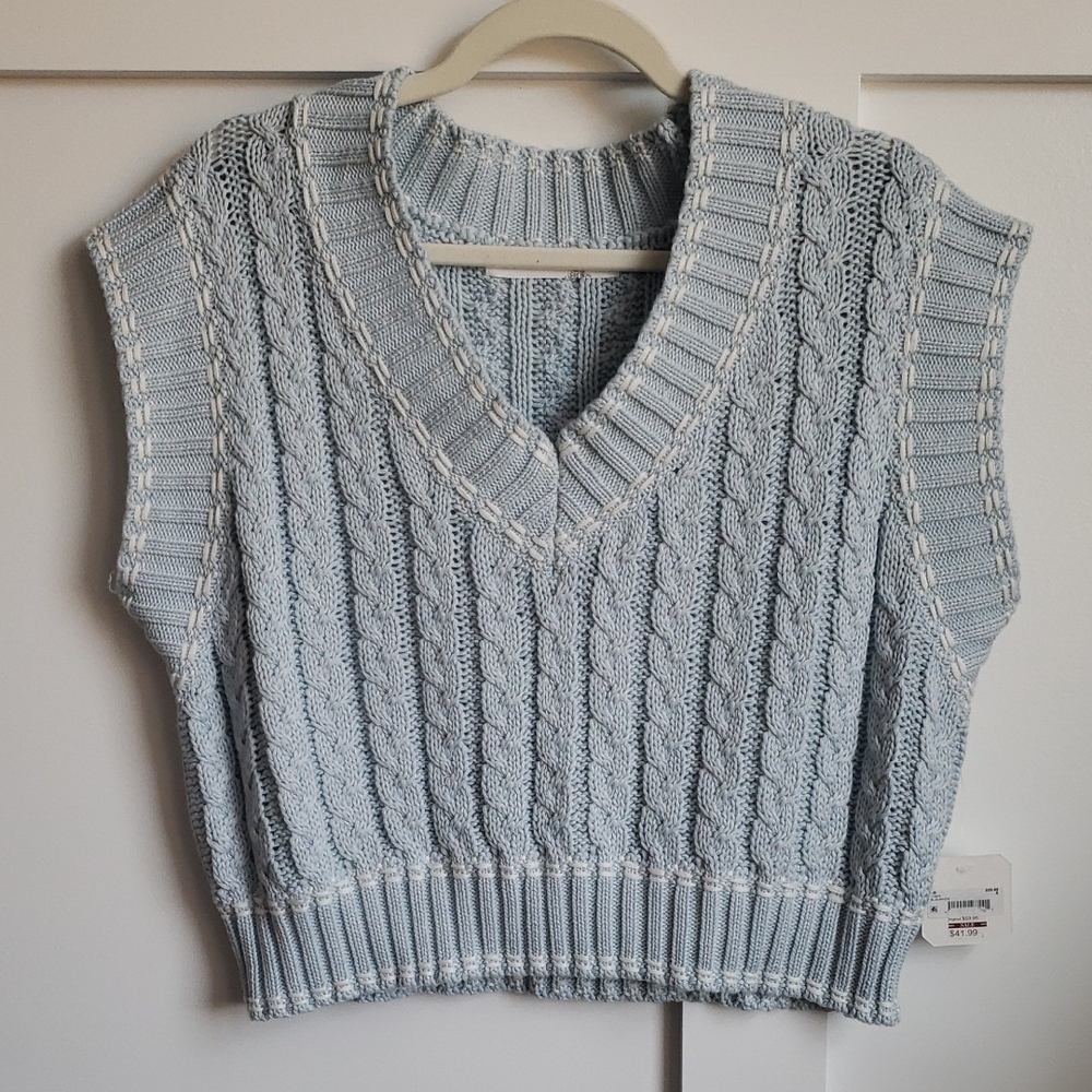 Altar'd State Light Blue Cable Knit V-Neck Sweater Vest